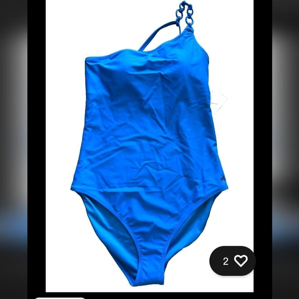 NWT Robert Graham Women Blue One Shoulder Ring Strap One Piece Swimsuit Size 12